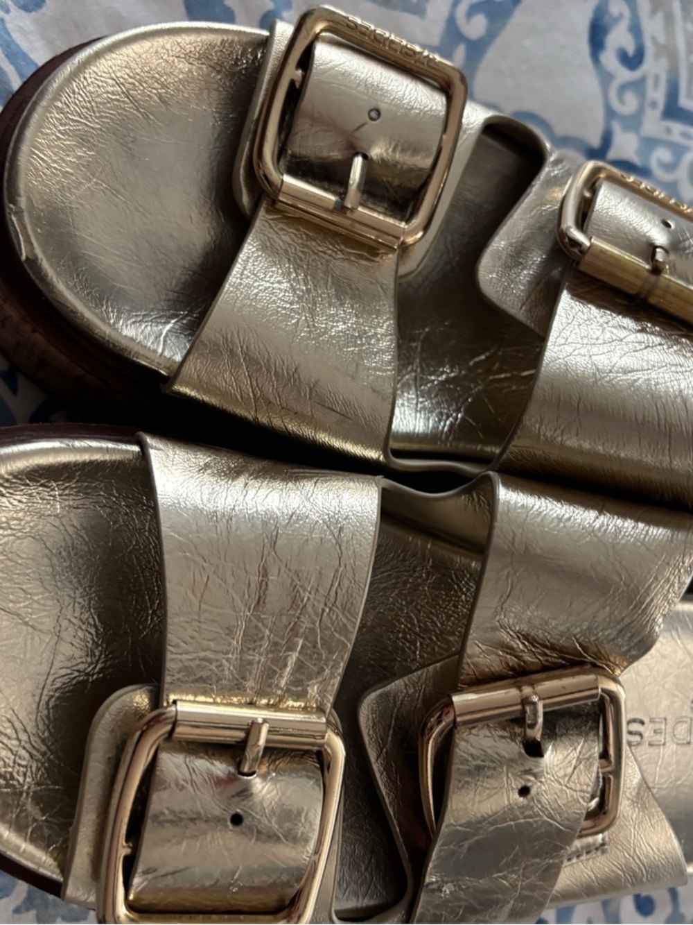 J Slides Metallic Gold Double Buckle Slide Sandals